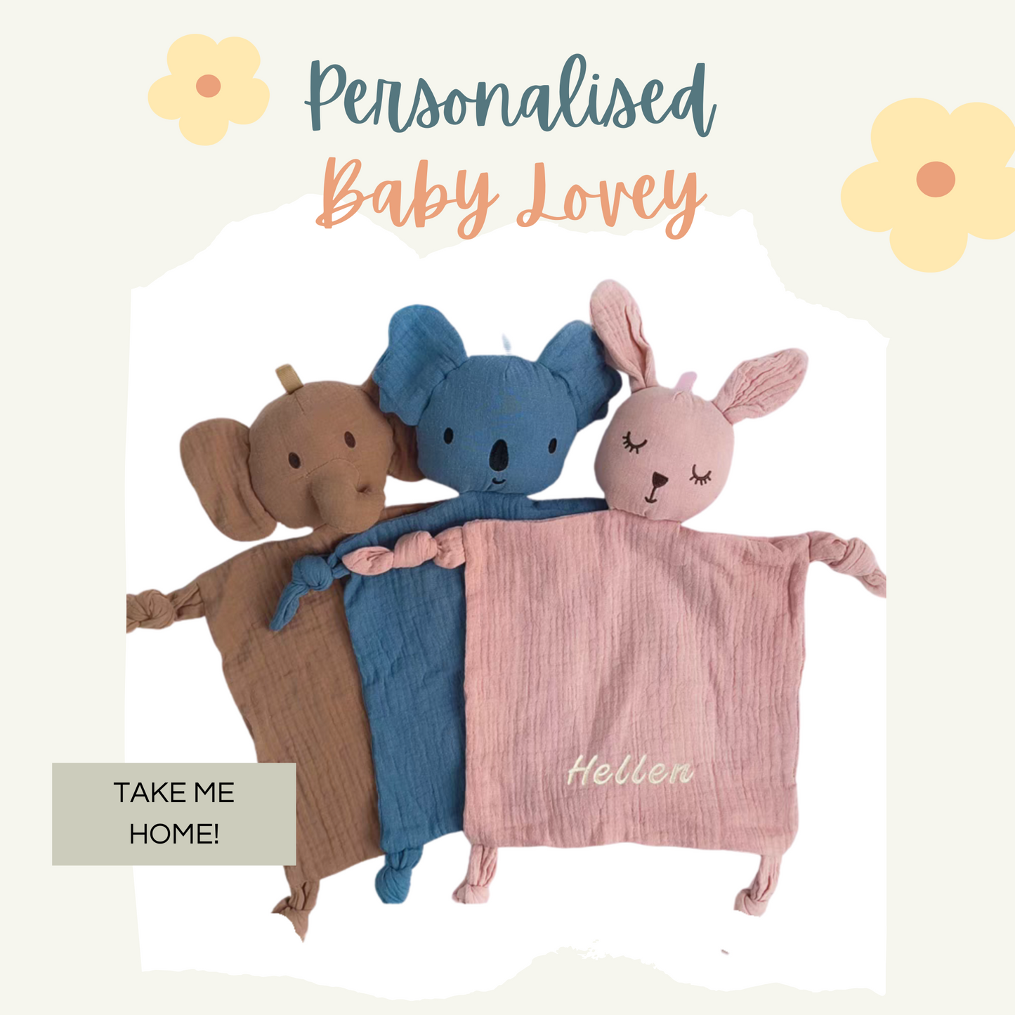 Personalised Baby Lovey | Soft Cotton Comforter with Embroidered Name | Teething & Sleep Soothing Toy for Newborns