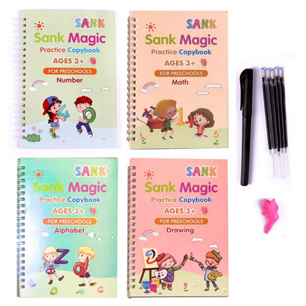 Magic Reusable Copybook for Kids – 4Pcs Handwriting Practice Set with Pen & Refills